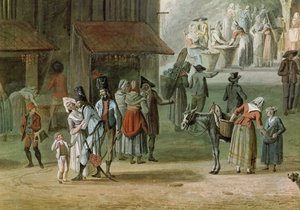 A Place de l&39;Apport-Paris em frente ao Grand-Chatelet, detalhe de pessoas do lado esquerdo, antes de 1802 (guache e wc no papel)